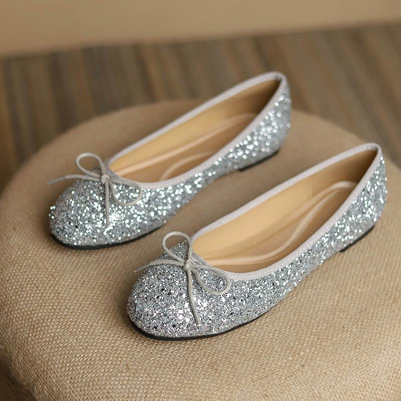Fashion 41-43 Big Size Bowtie flat shoes woman round toe crystal glitter slip on loafers soft bottom bow ballet flats ladies OL shoes