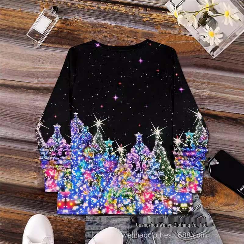 

Starry Sky Gradient Christmas Tree V-Neck Long-Sleeve Women s T-Shirt Double Extra Large