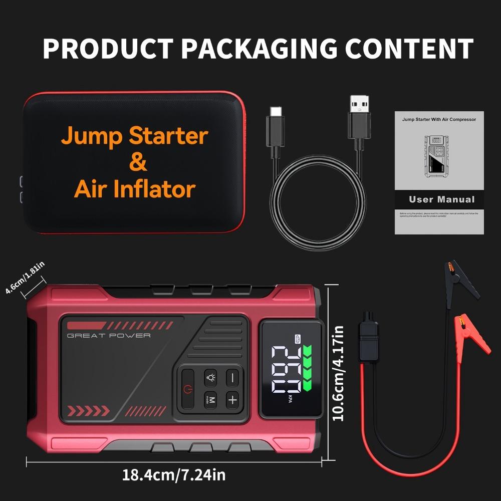 Portable Car Air Compressor and Emergency Starter with LED Emergency Light, 3000A Peak Power, 12V for Petrol/Diesel Vehicles, USB Input/Output