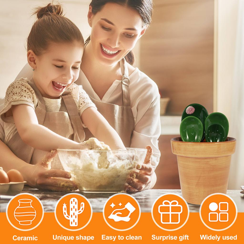 4 Pcs Porcelain Measuring Spoons Set with Base Cute Cactus Shape Stirring Soup Spoon Reusable Ceramic Flower Pot Measuring Spoon