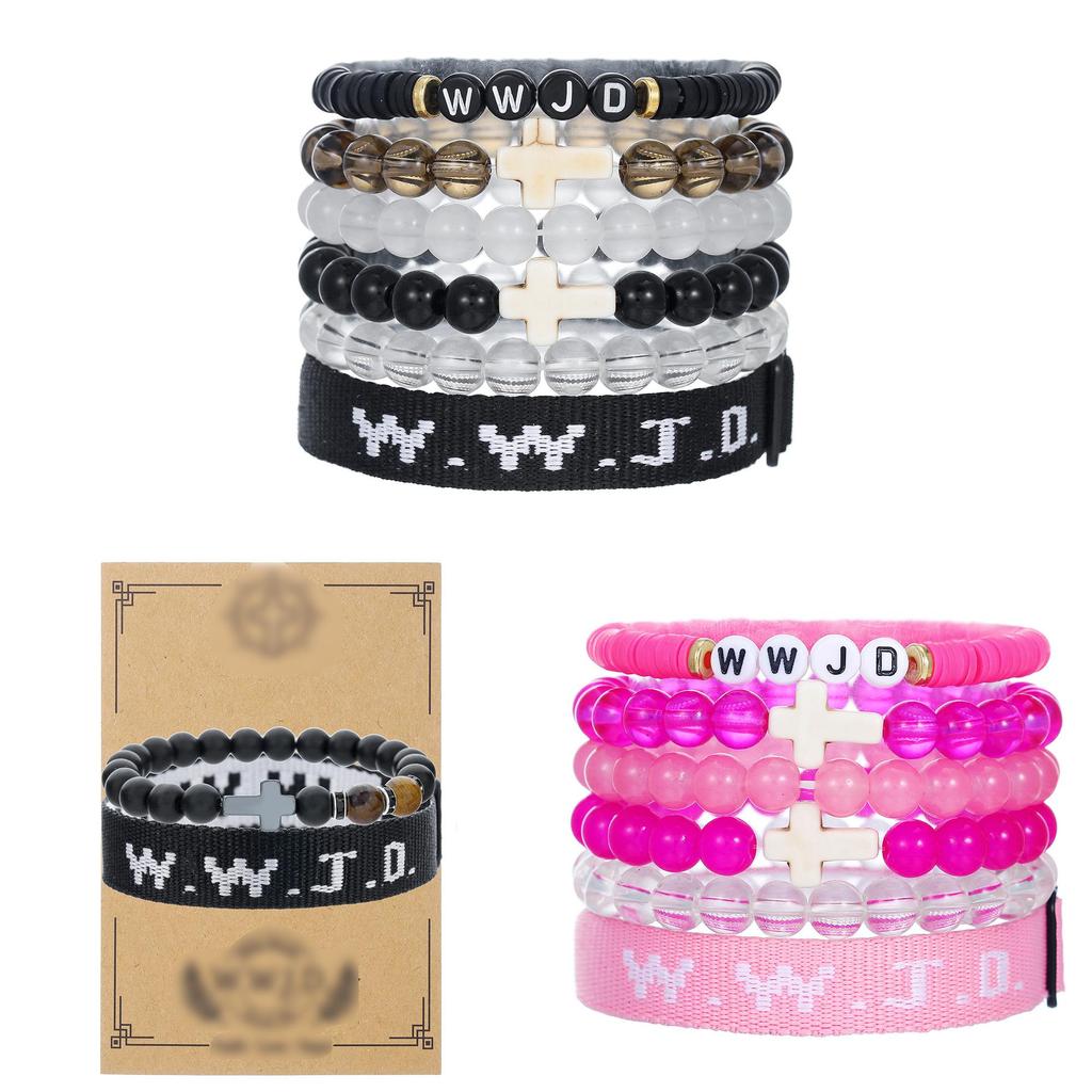 Wwjd Kreuz Armbänder mit Perlen Handgefertigt Geometrisch Polierte Steine Für Männer Frauen Freundschaft Und Glaube