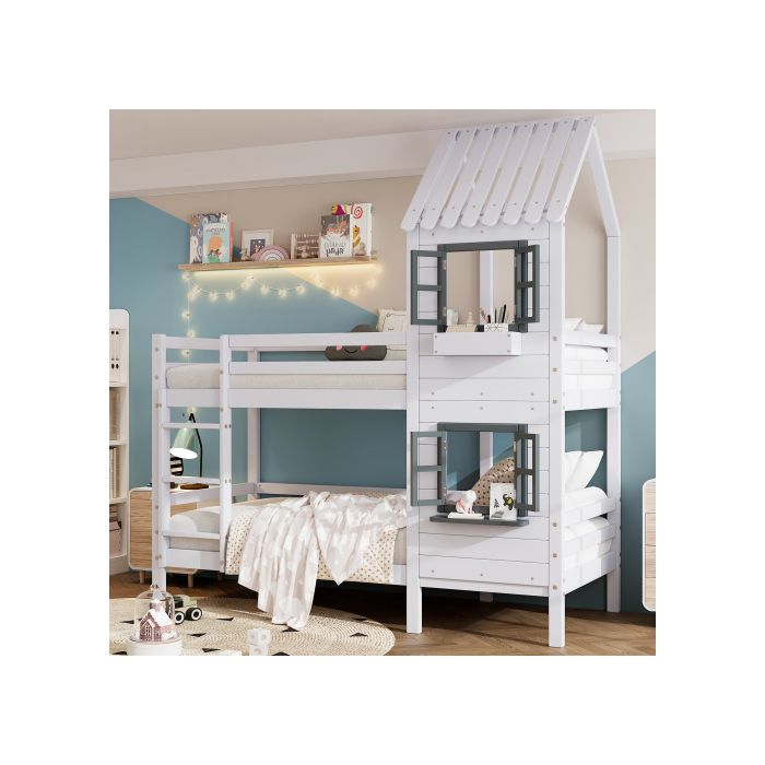 Lit superposé avec barrières et fenêtre avec protection contre les chutes et barrière, cadre en pin, blanc (90x200cm)