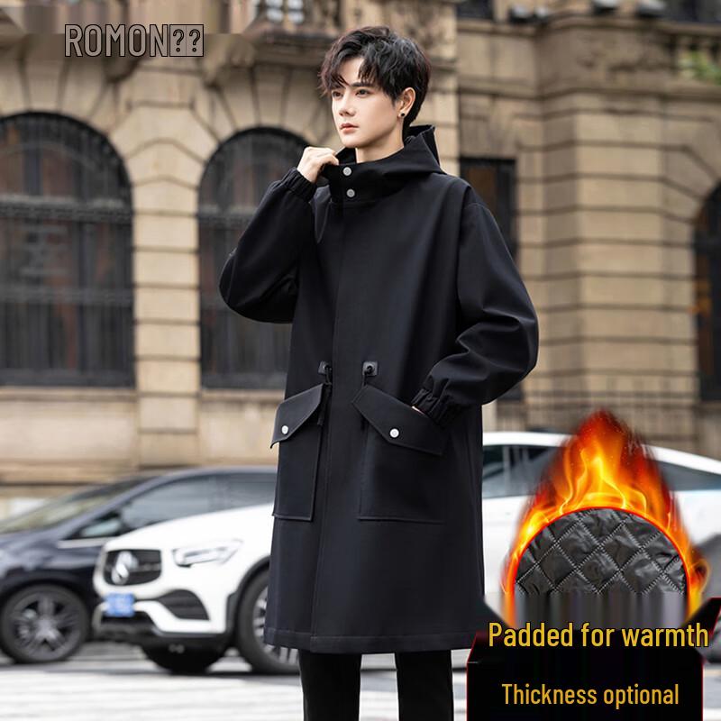 ROMON Men's Mid-length Hooded Trench Coat