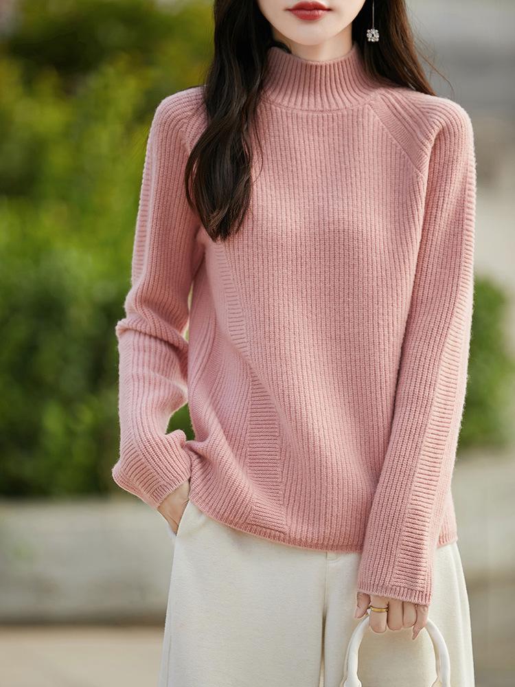 Benmingnian Women’s Heavyweight Pure Wool Cable Knit Sweater: Semi-High Neck, Extra Thick, Loose Fit, with Raglan Sleeves.