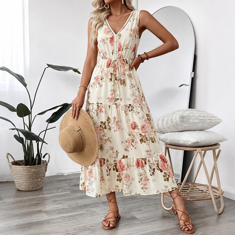 Independent station long dress summer new European and American women's clothing printed sleeveless dress