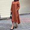 Womens Muslim Dress Islamic Clothing Long Sleeve Round Collar Solid Color Maxi Dresses Plus Size S-5XL