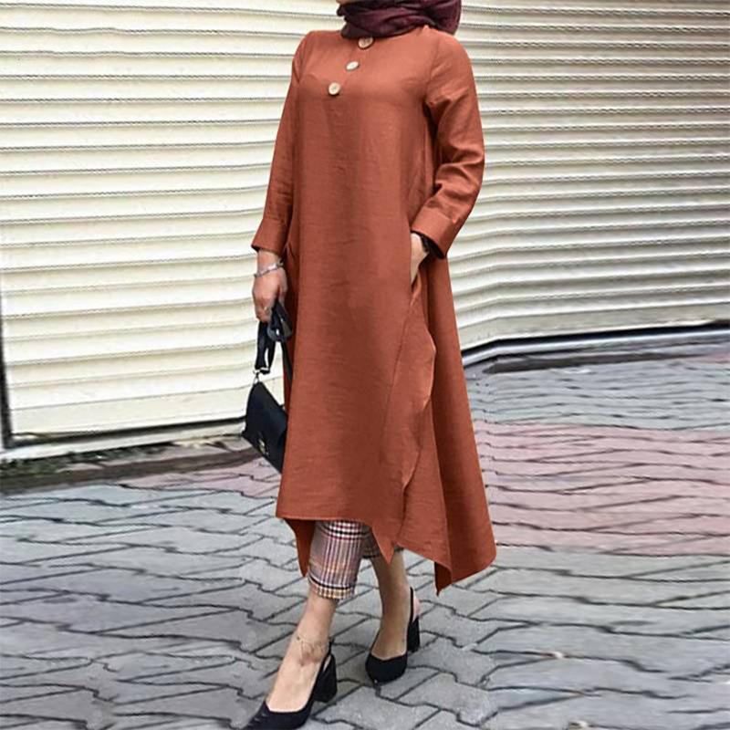Womens Muslim Dress Islamic Clothing Long Sleeve Round Collar Solid Color Maxi Dresses Plus Size S-5XL