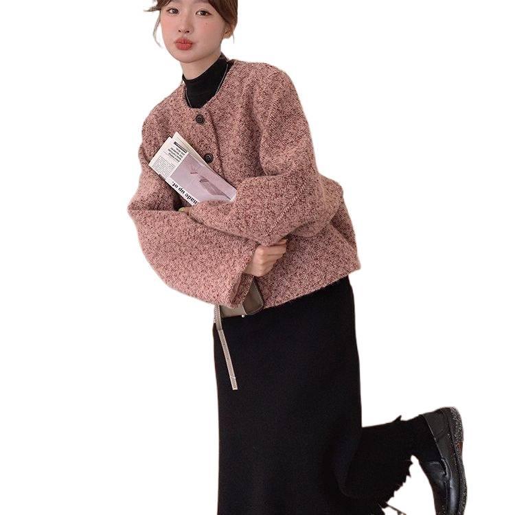 Purple-Pink French Tweed Jacket: High-End Winter 2025 Hangzhou Style, Wide Sleeves, Short, Padded.