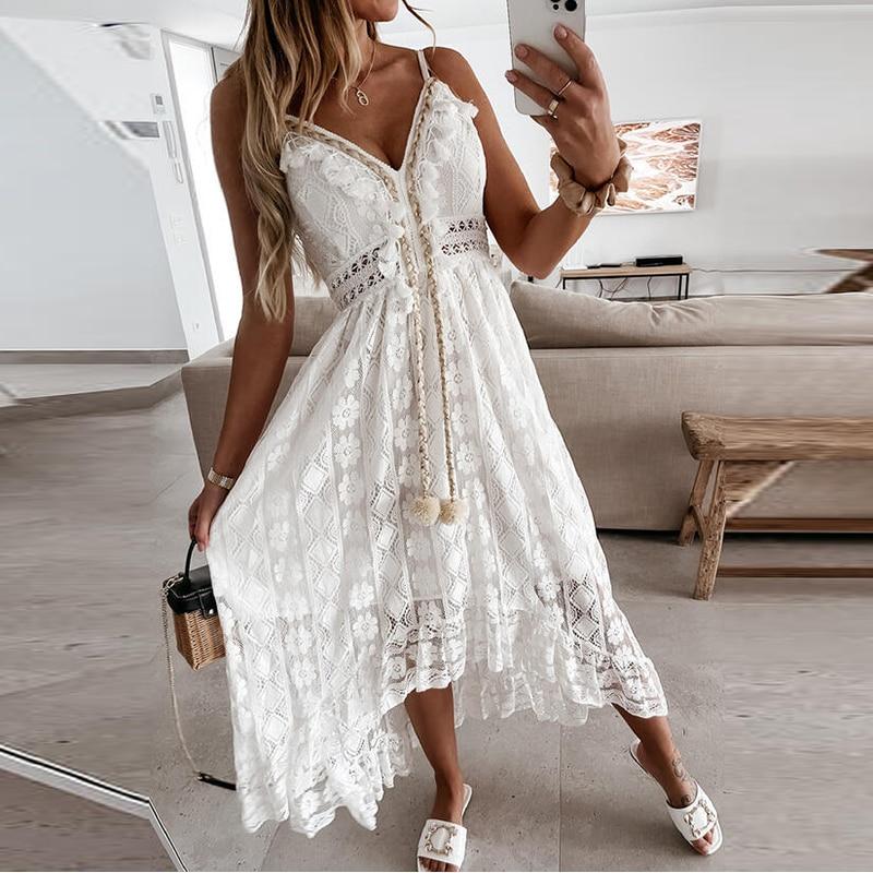 V-Ausschnitt Lace Up Cover Up für Frau Sexy Spitze Lose Einfarbig Strandkleid