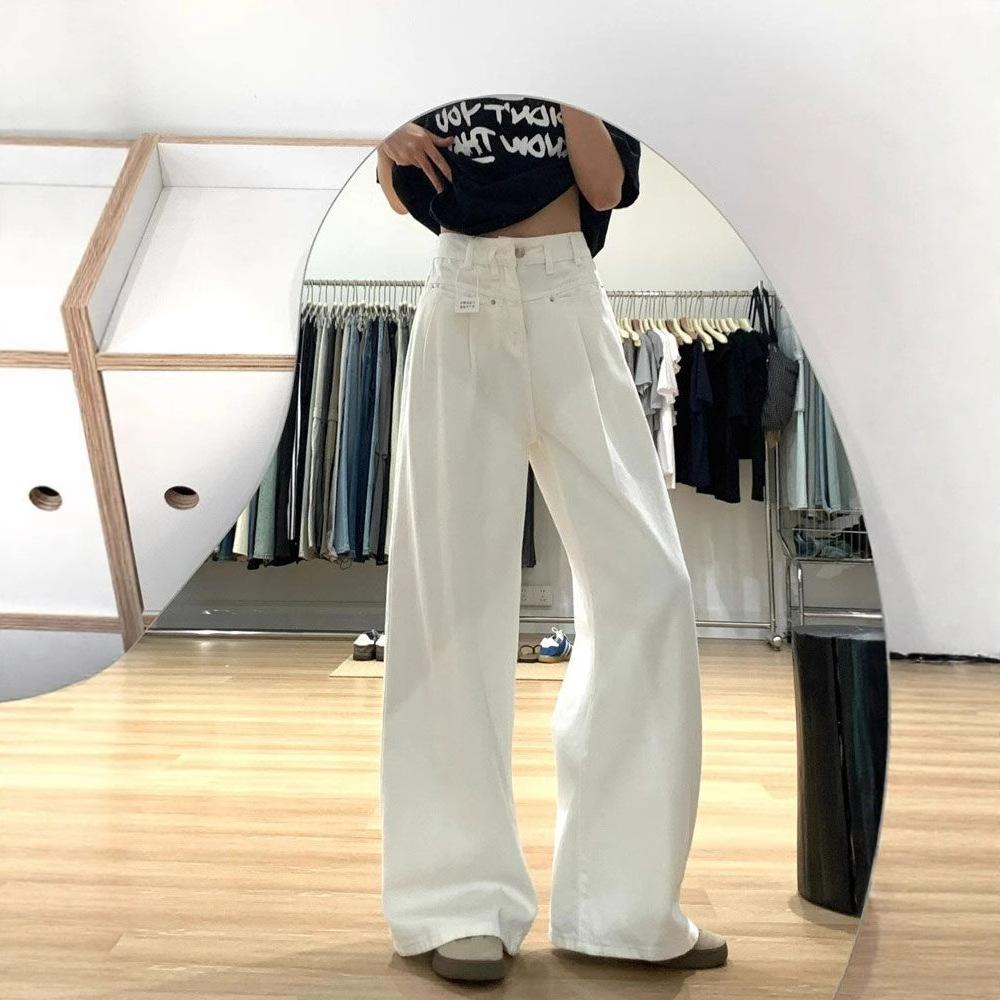 Fashionable Comfortable Drapey Folded White Jeans Women Years High Waist Trailing Floor Straight Wide Leg Trousers Jeans for Women Long Denim Pants