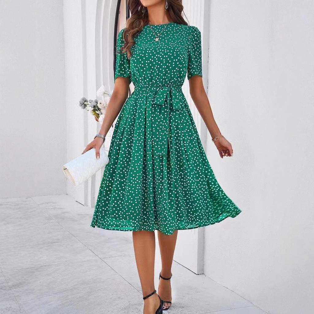 Women's Spring and Summer Temperament Casual Polka Dot Lace-up Print Dress