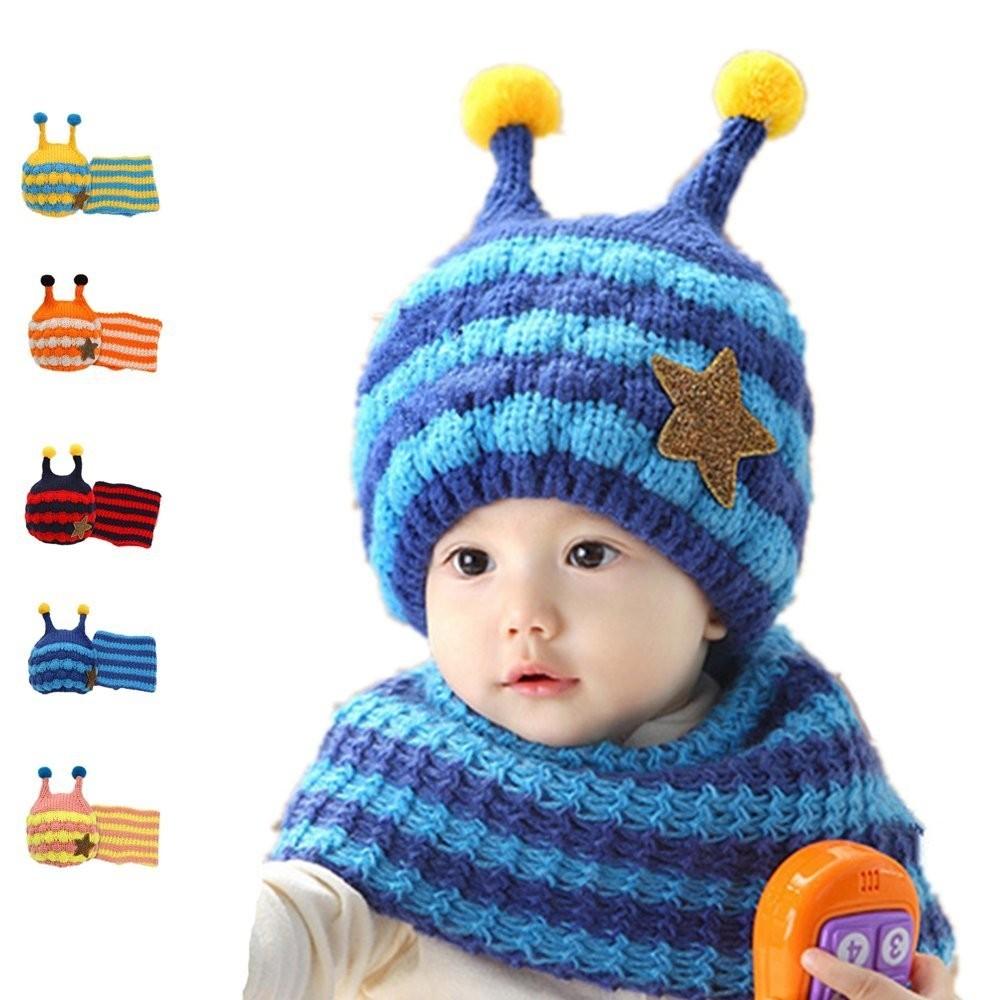 Winter Kids Hat With Plush Ear Protection Big Five-pointed Star Hat Scarf Set Striped Woolen Material Blue Yellow Orange Red Pink