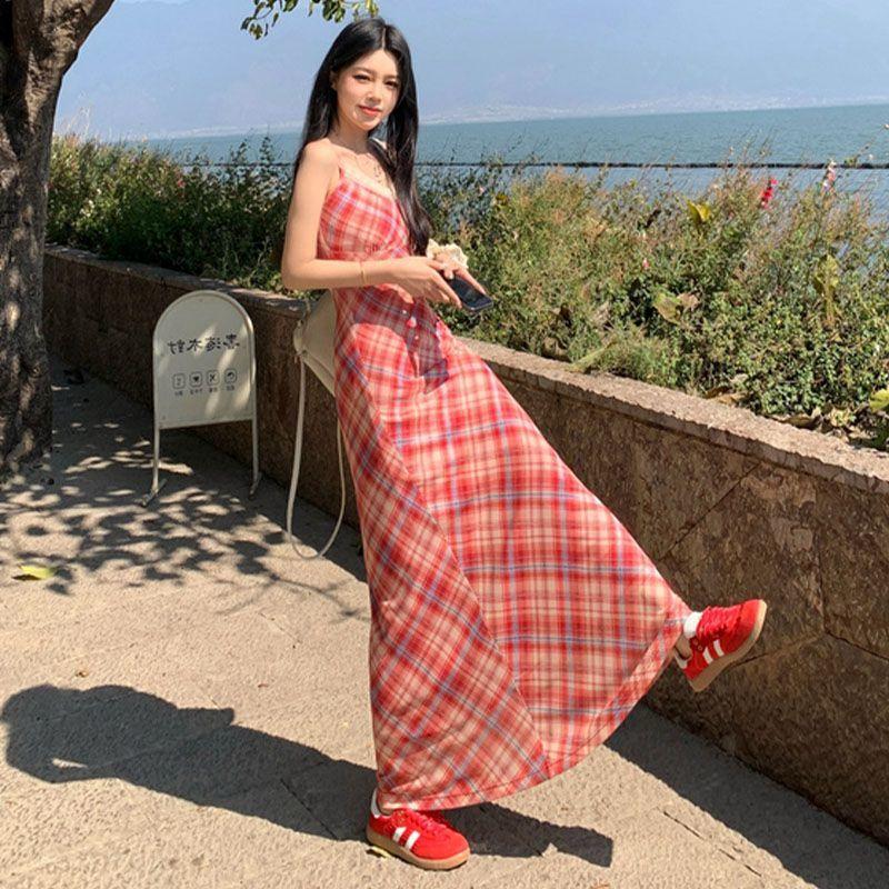 High-end Temperament Plaid Suspender Skirt Women's Summer Seaside Vacation Style Red Waist Dress Hip Skirt Long Dress