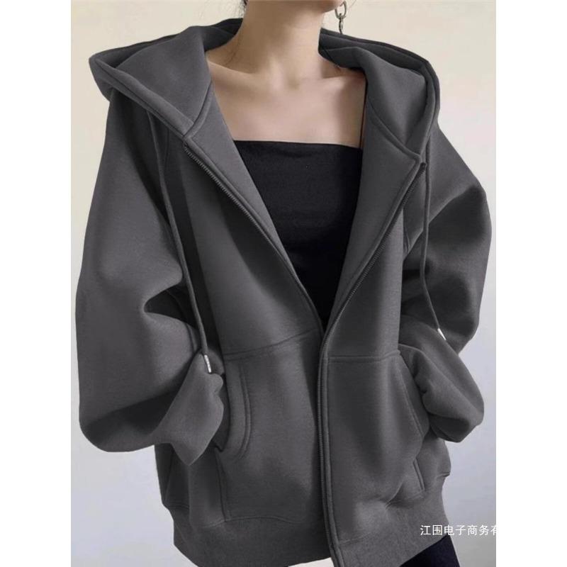 Fleece thickened sweater women, loose lazy wind hooded cardigan jacket in autumn and winter