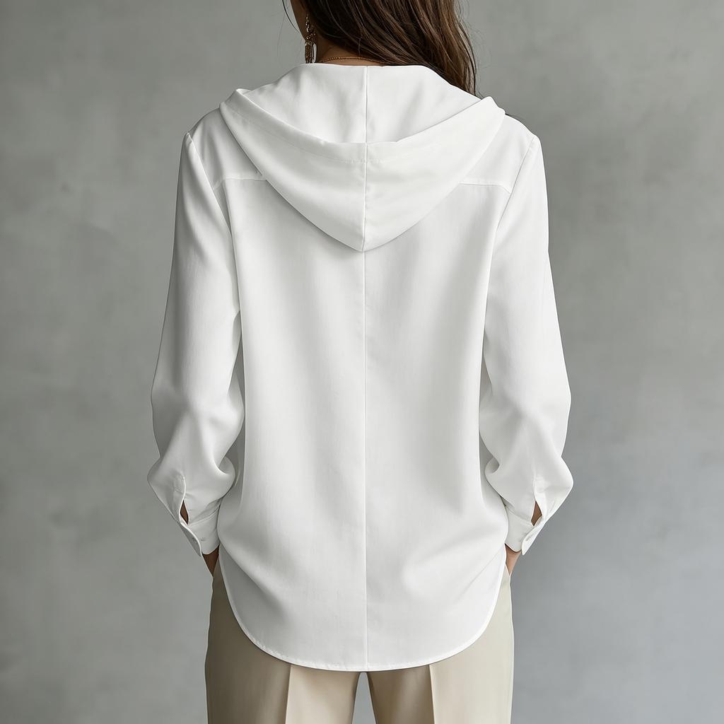 Women's Casual Long Sleeve Hooded Shirt with Drawstring, Wooden Buttons and Patch Pockets - Loose Fit