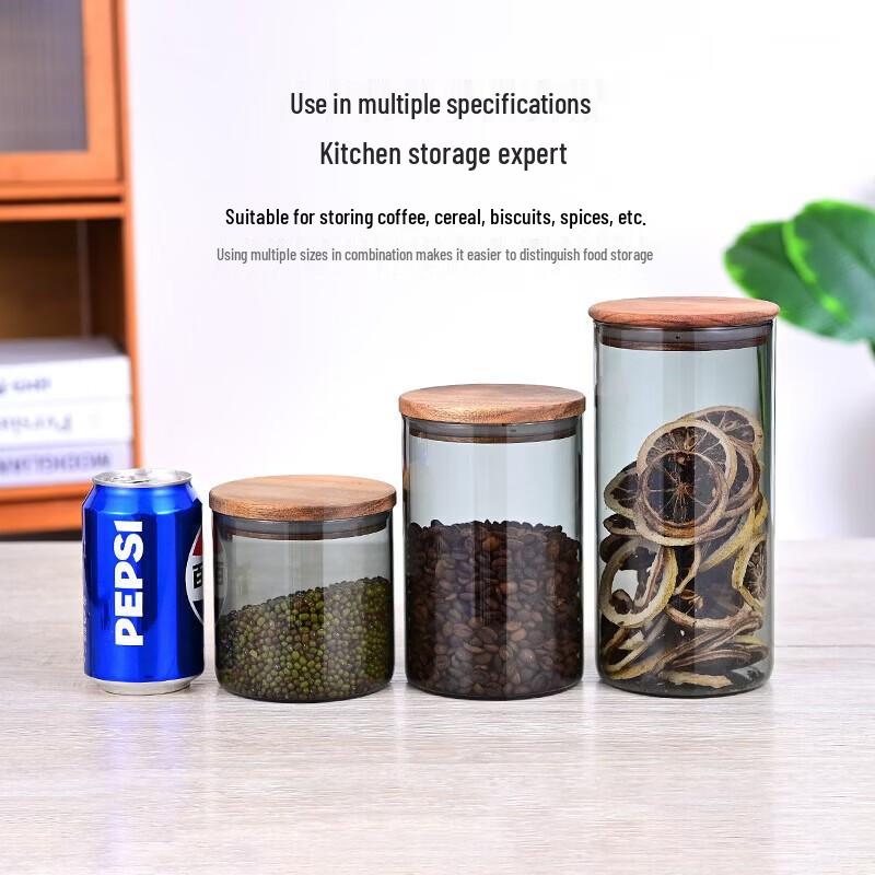 ZISIZ Acacia Wood Lid Transparent Black Glass Storage Jar