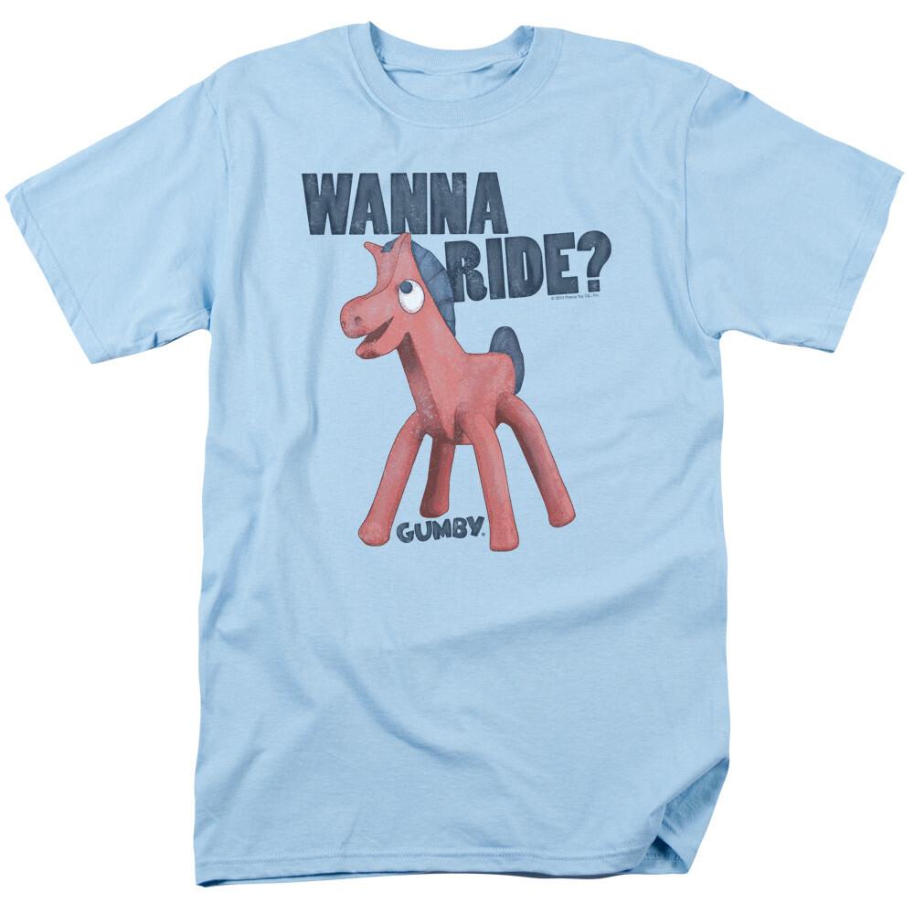 

Gumby Wanna Ride Logo T Shirt Pokey Mens Licensed Classic TV Show Light Blue L