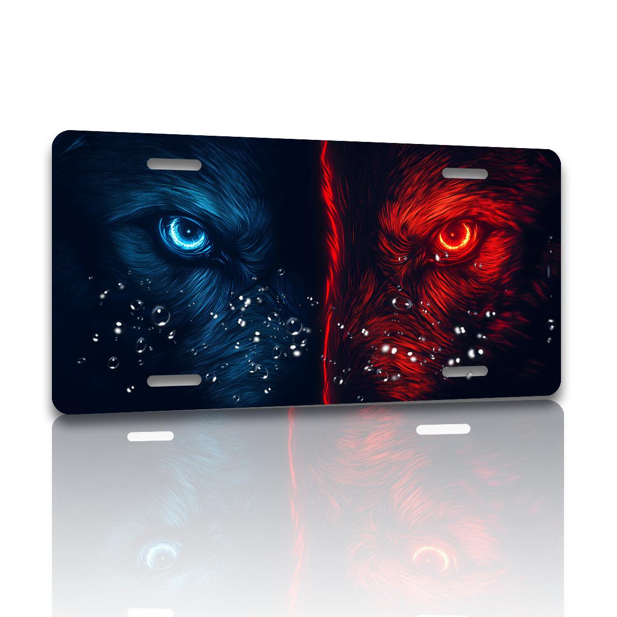 

Vintage Mysterious Split Blue Red Glowing Wolf Eyes License Plate D Flat Aluminum Tin Sign Wall Art Decor for Garage Bar Man Ca 15x30cm(5.9x7.8inch)