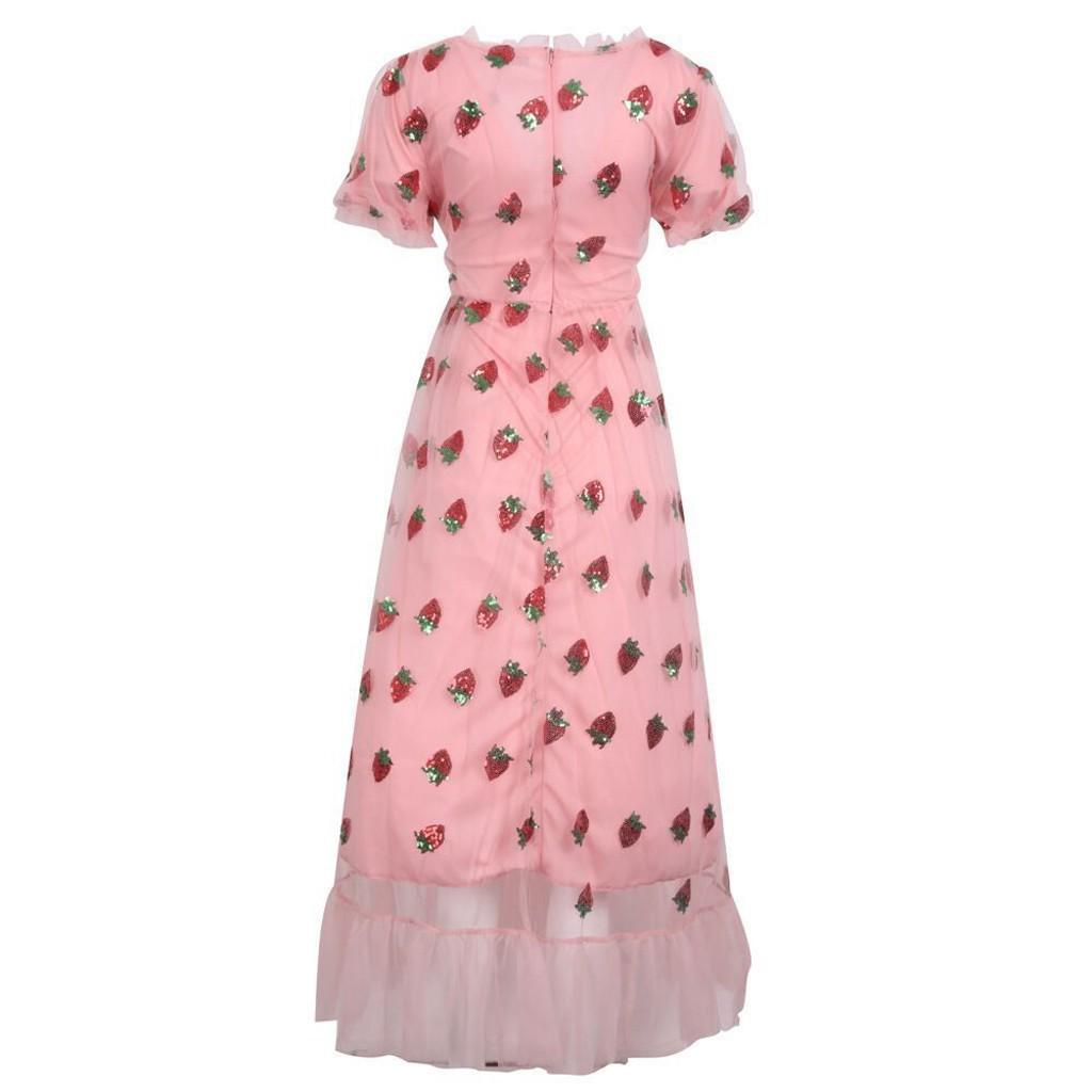 Fashion Women Casual Sexy Strawberry Sweet Mesh Yarn V-Neck Pleated Long Skirt