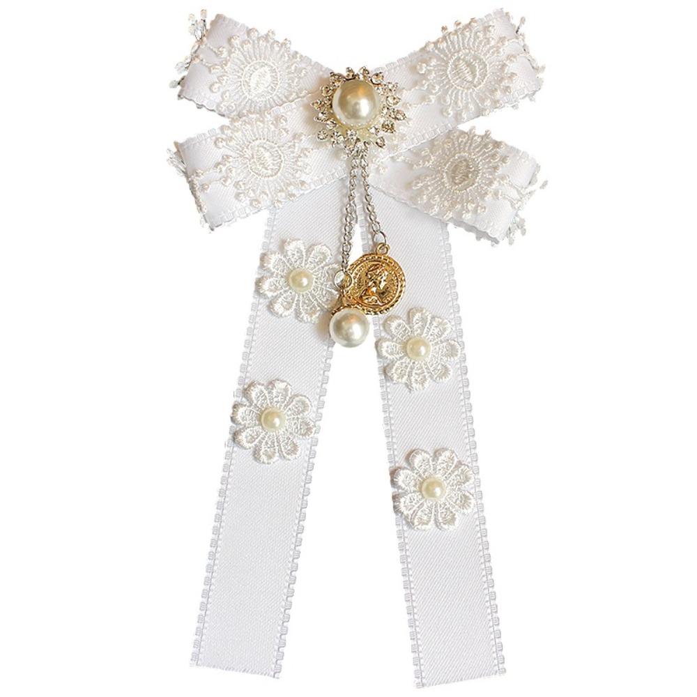 Fashion White Lace Ribbon Bow Ties Women's College Style Shirt Accessories Jewelry Gifts Rhinestone Pearls Collar Flower