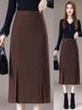 2025 Dames Hoge Taille Wol Blend Hoge Split Midi Rok, Herfst/Winter Slank Makend Bodycon Potloodrok