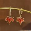Luxury Red Zircon Maple Leaf Bracelet Necklace Set For Women Korean Earrings Stud Clavicle Chain Necklace Party Jewelry Set