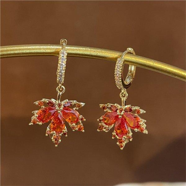Luxury Red Zircon Maple Leaf Bracelet Necklace Set For Women Korean Earrings Stud Clavicle Chain Necklace Party Jewelry Set