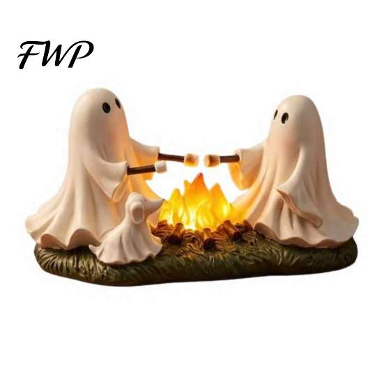Halloween Party Table Centerpiece Ghost Roasted Marshmallows LED Ornament, Durable Resin Cute Desktop Decorative Lighted Night Light Craft,