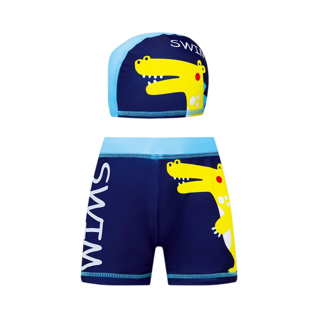 Kids Waterproof Swim Trunks with High Elasticity Four Corner Design and Matching Swim Cap Suitable for Summer Swimming Activities