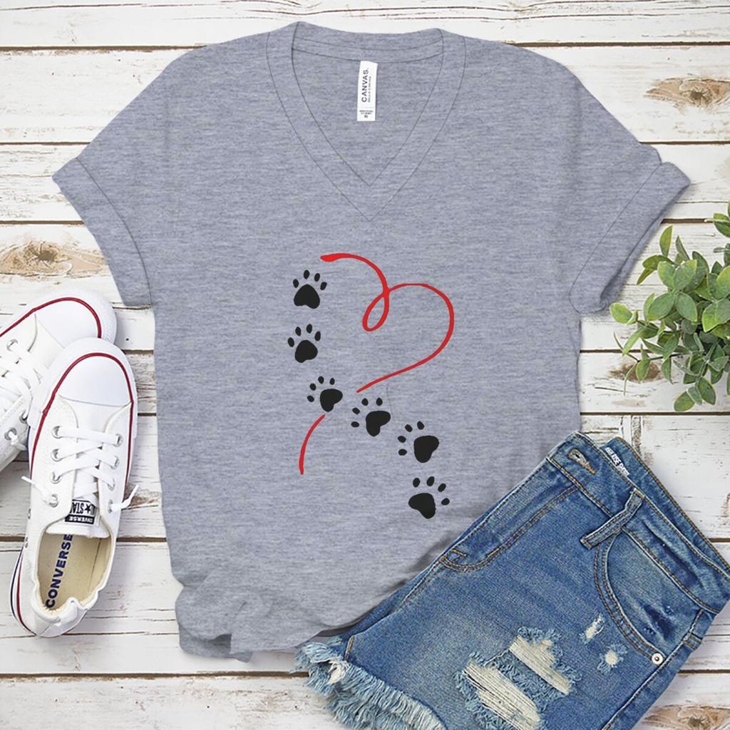 Dog Lover Harajuku Fashion Tops Heart Dog Paw Prints Tshirt Female Animal Heart Graphic Tshirts Ladies Casual Tops