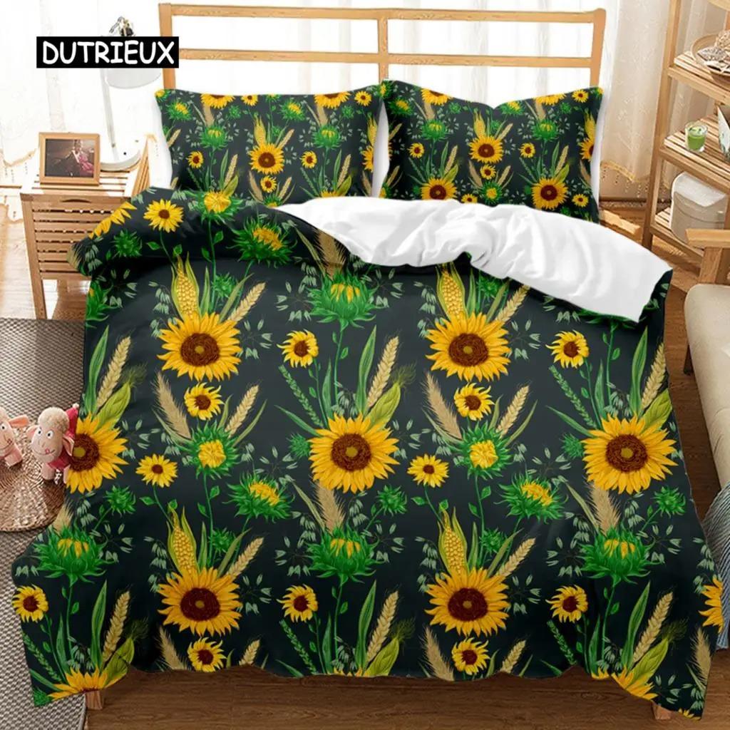 Sunflower Duvet Cover Set Girly Yellow Floral Print Twin Comforter Cover Women Blossom Flowers