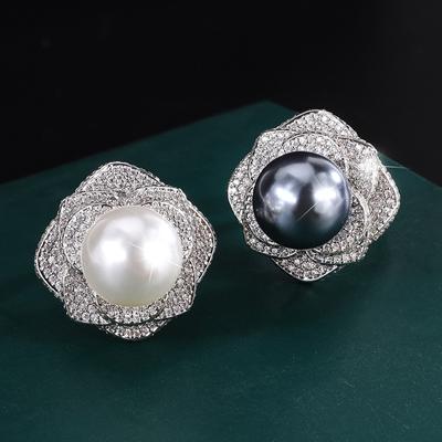 Jewelry Copper Platinum Plated Austrian Fritillary Pearl Diamond Flower Diamond Women'S Ring 14Mm