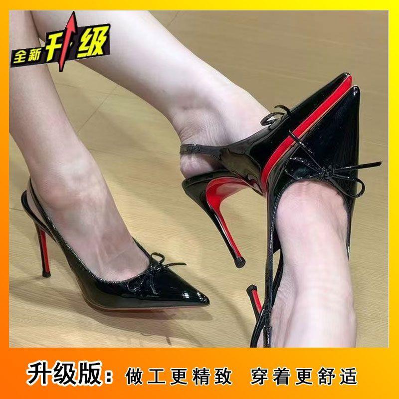 Pointed sandals French nude single shoes thin heel bow temperament beautiful patent leather bag head light mouth high heels