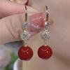 Exclusive Design, Unique Style. Red Bean-shaped Earrings with Zircon Gemstones and Quality Pearls. Women's Ear Jewelry.