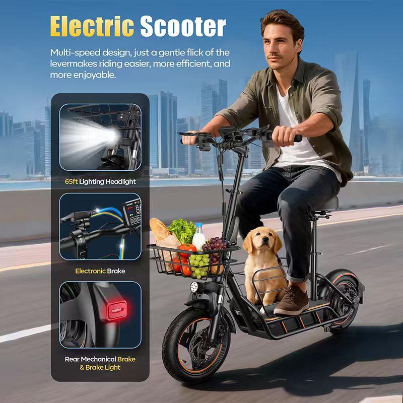 Monopattino Elettrico Pieghevole per Adulti con Cestino Portaoggetti, Motore 600W Batteria Rimovibile 36V, Ruota Pneumatica da 14'' Max 35KM/H E-Scooter da Pendolare
