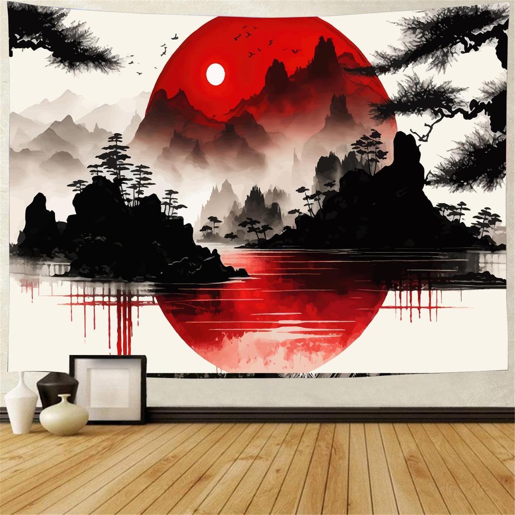 Japanese Pink Sakura Tapestry Cherry Blossoms Temple Mountain Fuji Japan Wall Hangings Tapestry for Bedroom Living Room Dorm