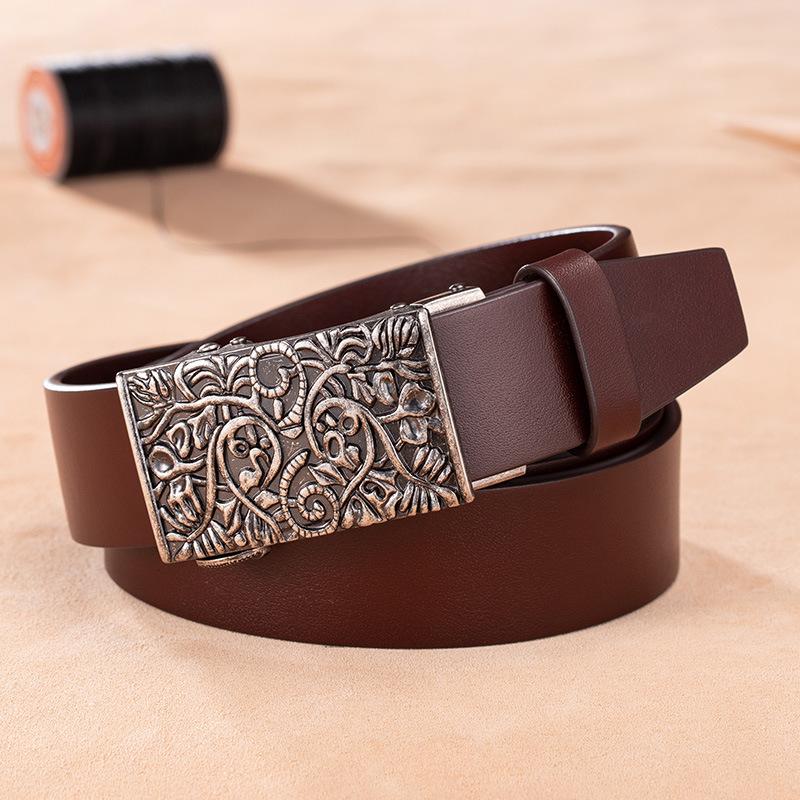 

Ретро Резная Сплавная Автоматическая Пряжка Мужской Ремень Первый Слой Коровьей Кожи Натуральная Кожа Европейская Версия Автоматический Ремень