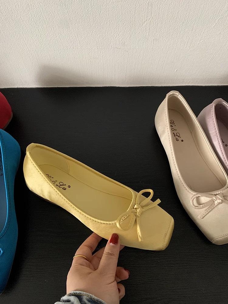 

2025 new flat ballet shoes grandma shoes sweet style bow square head shallow mouth one pedal single shoes women 39 жовтий