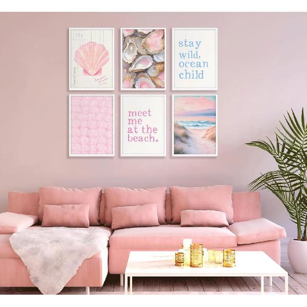 Pink Beach Preppy Wall art Coastal Granddaughter Aesthetic Room Painting Picture Wall Decor Shells Oyster Poster Print Artwork for Girls Room Girls