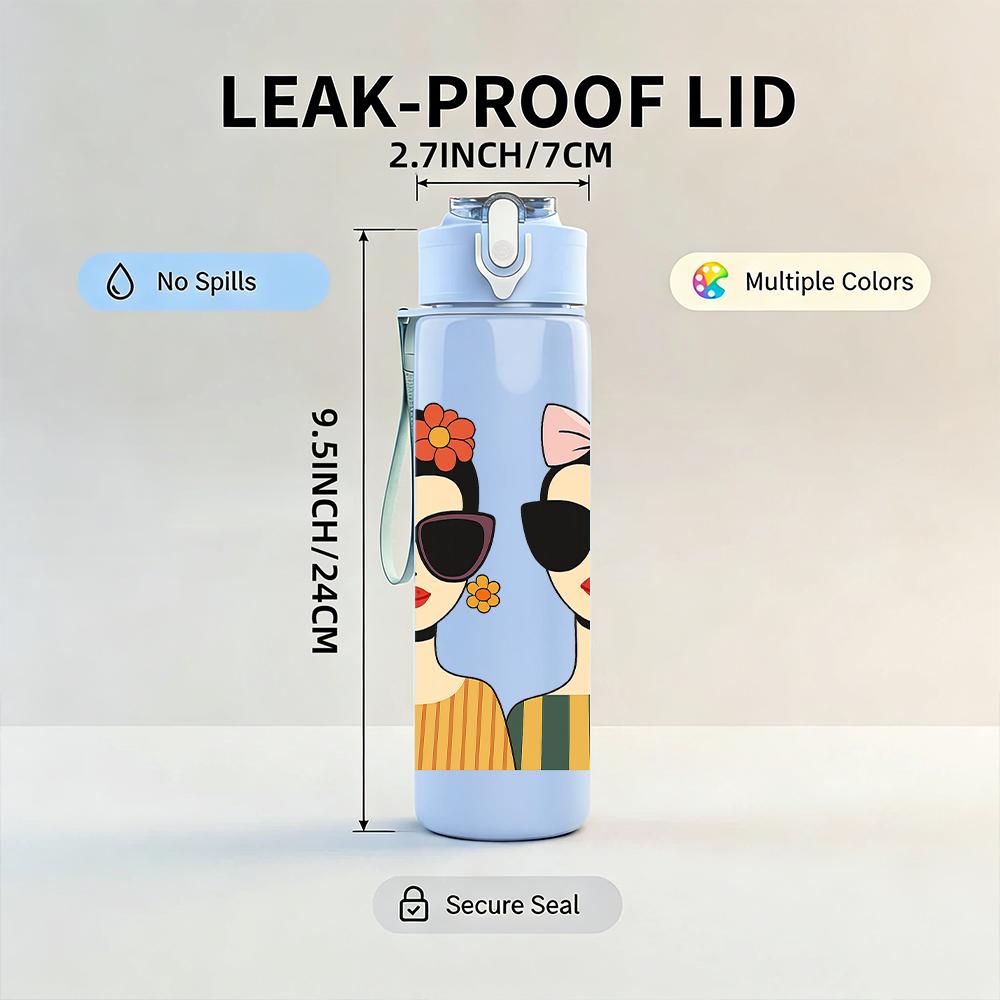 1PC Two Fashion Lady Portrait 750ml Color Plastic Sports Water Bottle Leakproof Flip Straw Lid For Sports Office Home Use
