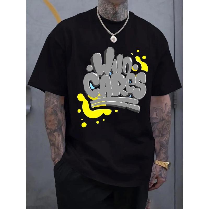 European size Men s Black & Yellow Splash Graffiti Print T-Shirt - Lightweight Streetwear Tee with Bold Urban Graphic, Short Sleeve Top for Summer S