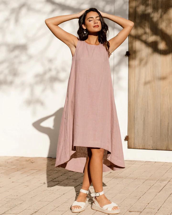 Summer Cotton Linen Solid Color Sleeveless Irregular Round Neck Long Dress