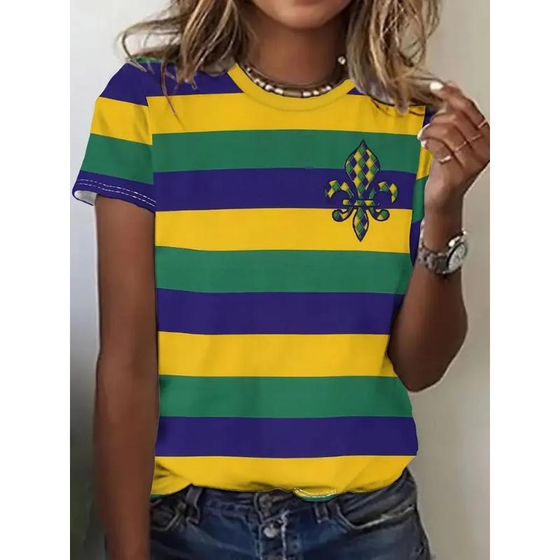 Modisches Damen Rundhals Kurzarm 3D Gestreift Farbprint Gestreiftes Kurzarm Rundhals T-Shirt