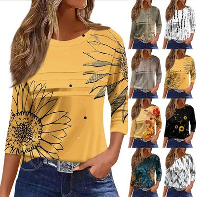 Women's Fashion Casual Loose 3/4 Sleeve Printed Round Neck Top