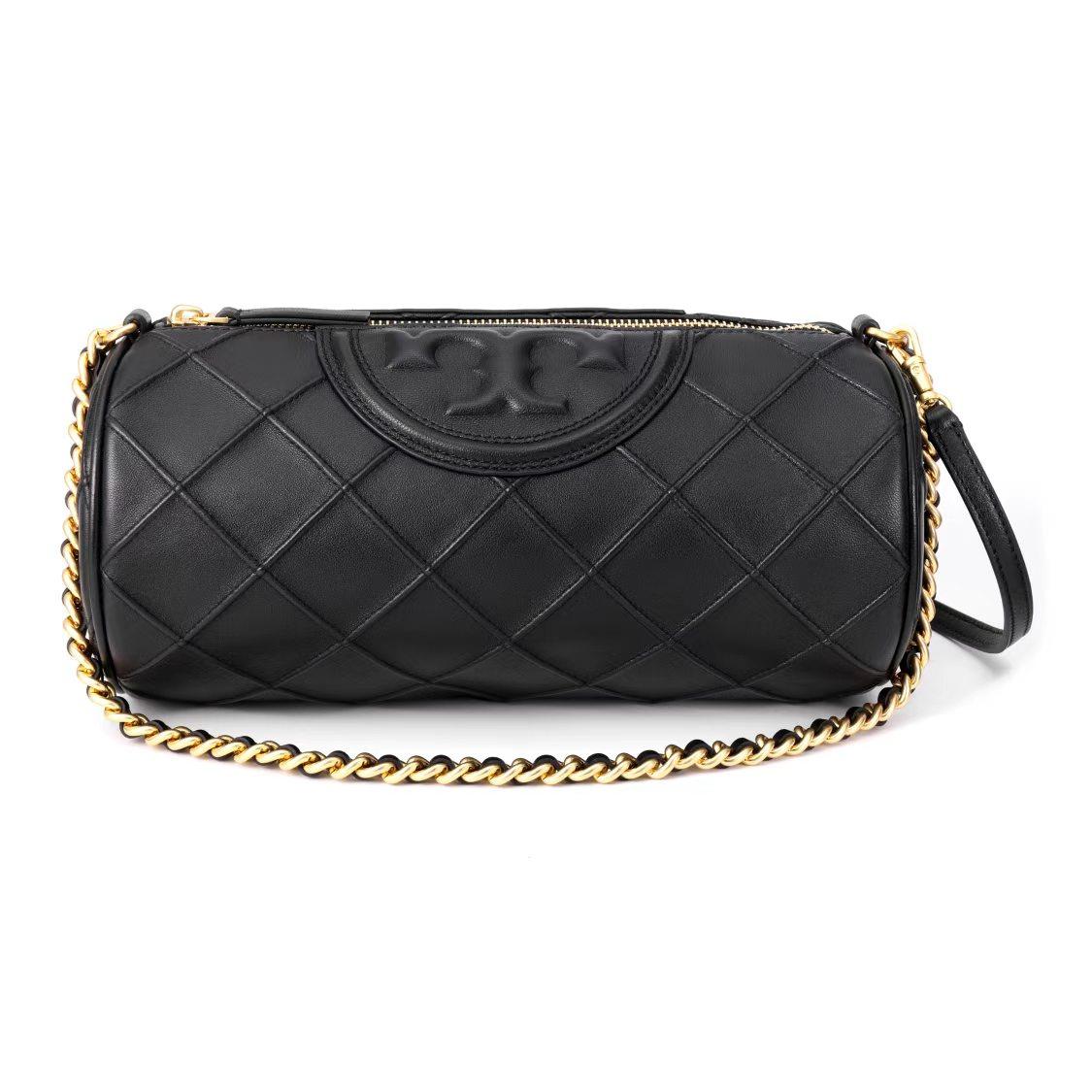 

Tory Burch Fleming Logo Leather Cylinder Tote Bag Women Handbags Black 150358-001 Basic Set (Bag+Dust Bag)