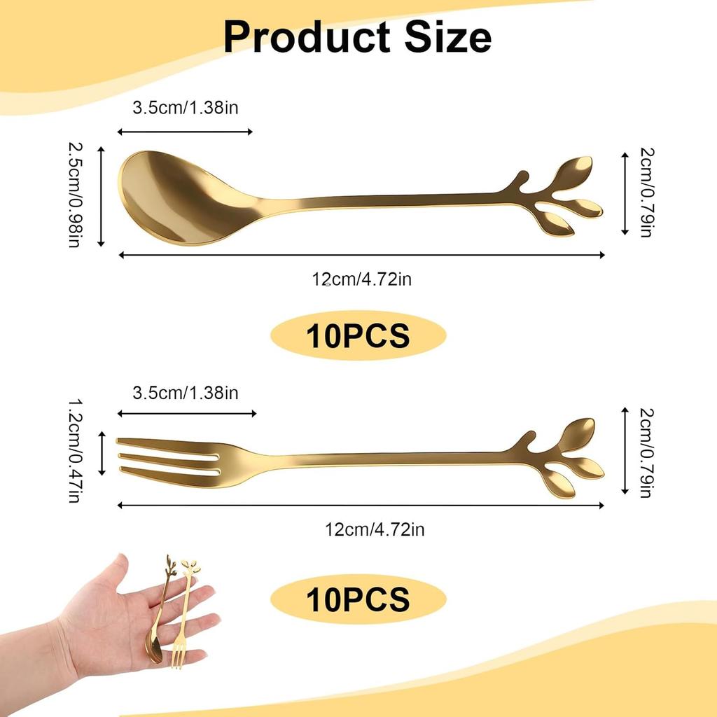20 Pcs Gold Leaf Coffee Spoons and Forks Set, 4.7" Elegant Stainless Steel Mini Dessert Spoons and Forks for Stirring Mixing Tea, Espresso, Ice