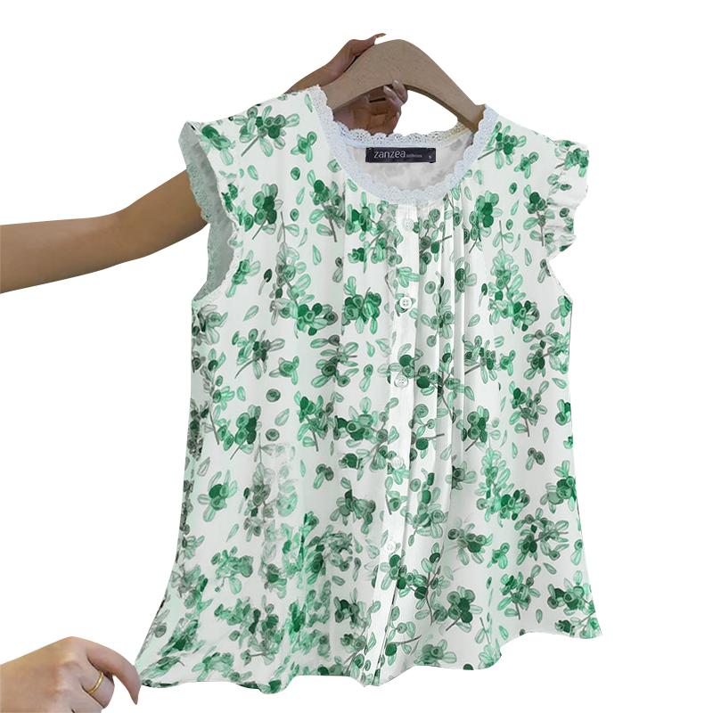 

ZANZEA Женские летние кружевные топы без рукавов с круглым вырезом и цветочным принтом 2XL зелёный