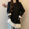 Large size German velvet lace splicing long-sleeved t-shirt for women's autumn and winter new fat mm loose and thin meat-covering top