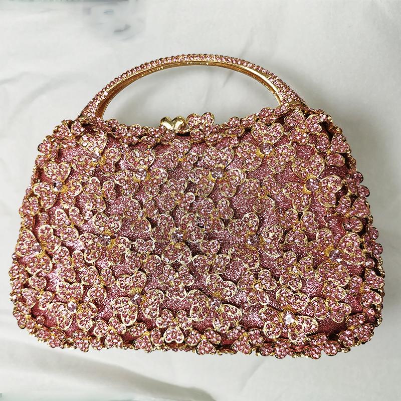 WHTUOHENG Luxury Top-Handle Crystal Evening Bag Blue Rhinestone Flower Handbag Diamond Silver Purse Women's Party Stone Clutch