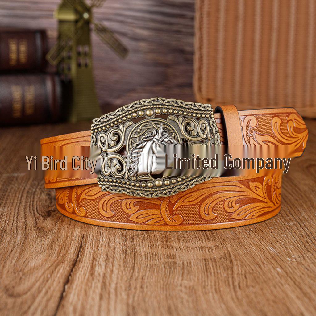 Western Cowboy Horse Head Buckle Retro Punk Leather Unisex Belt 120 cm жёлтый